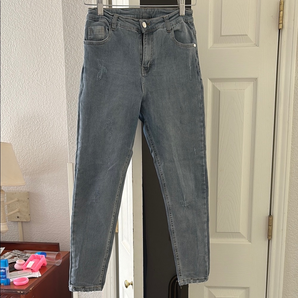 Blue Straight Leg Jeans with High Waist and Full Length